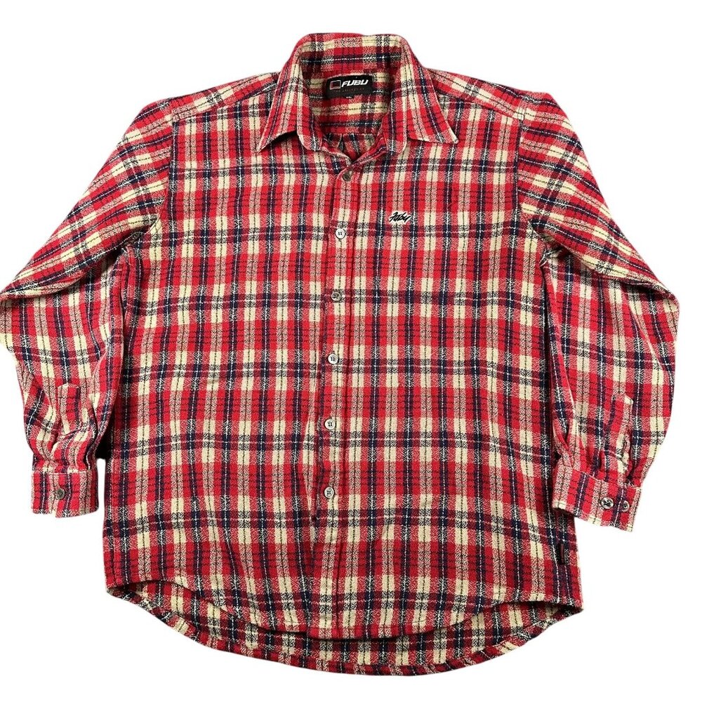 FUBU Shirt Mens XL Red Blue Beige Plaid Button Up‎ Long Sleeve Flannel Casual